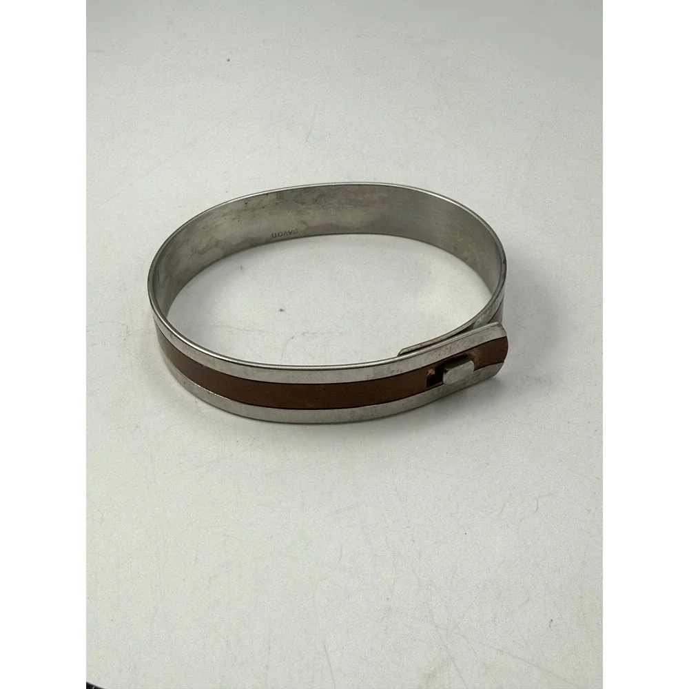 Avon Vintage Silver Tone Brown Inlay Modernist Bangle Bracelet Cuff Hook Clasp
